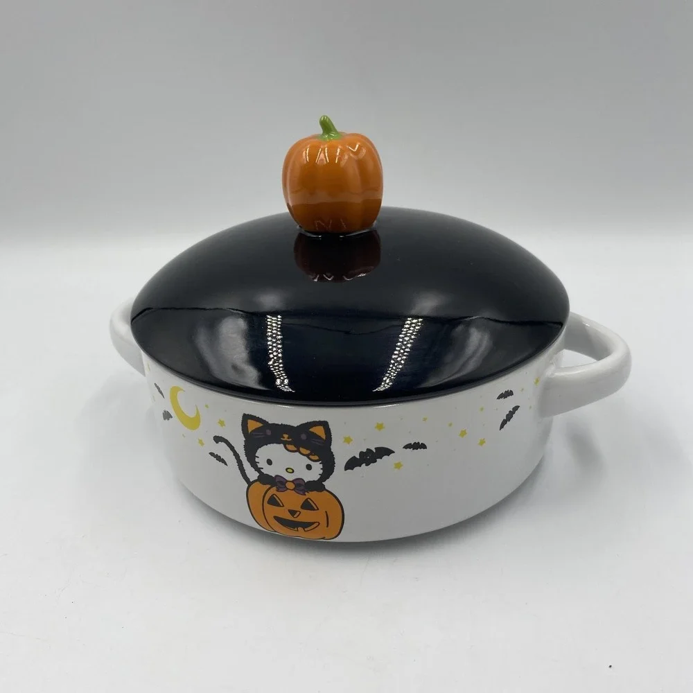 Hello Kitty Sanrio‎ Ceramic Casserole Dish With Lid Halloween Pumpkin Black Cat